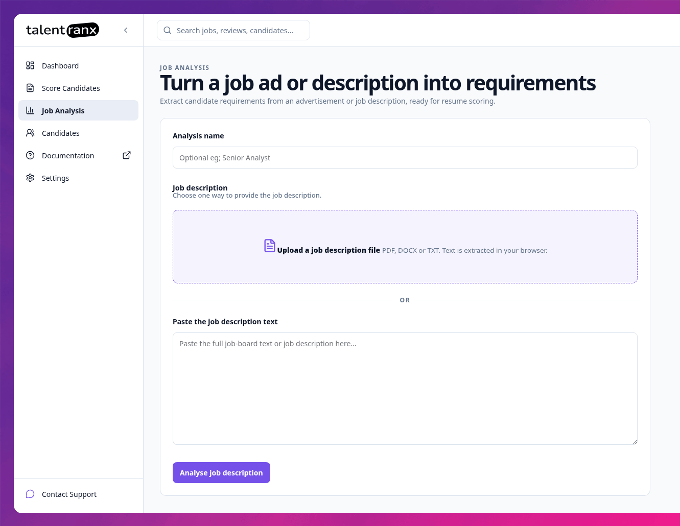 New job analysis page