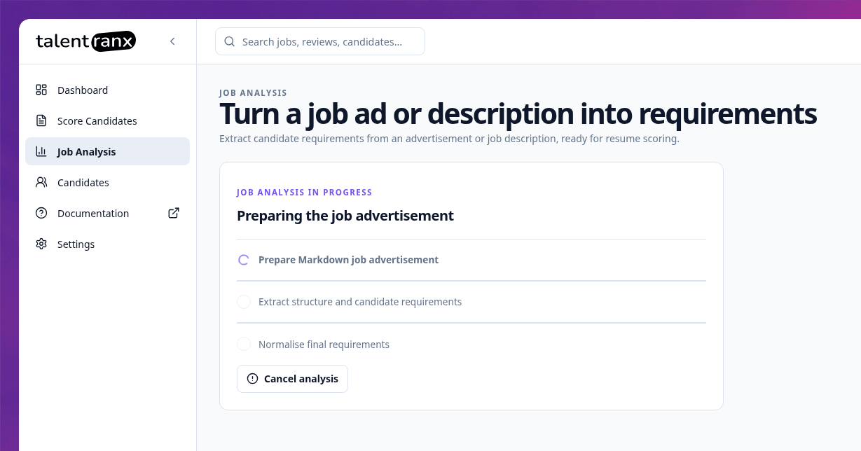 New job analysis processing page