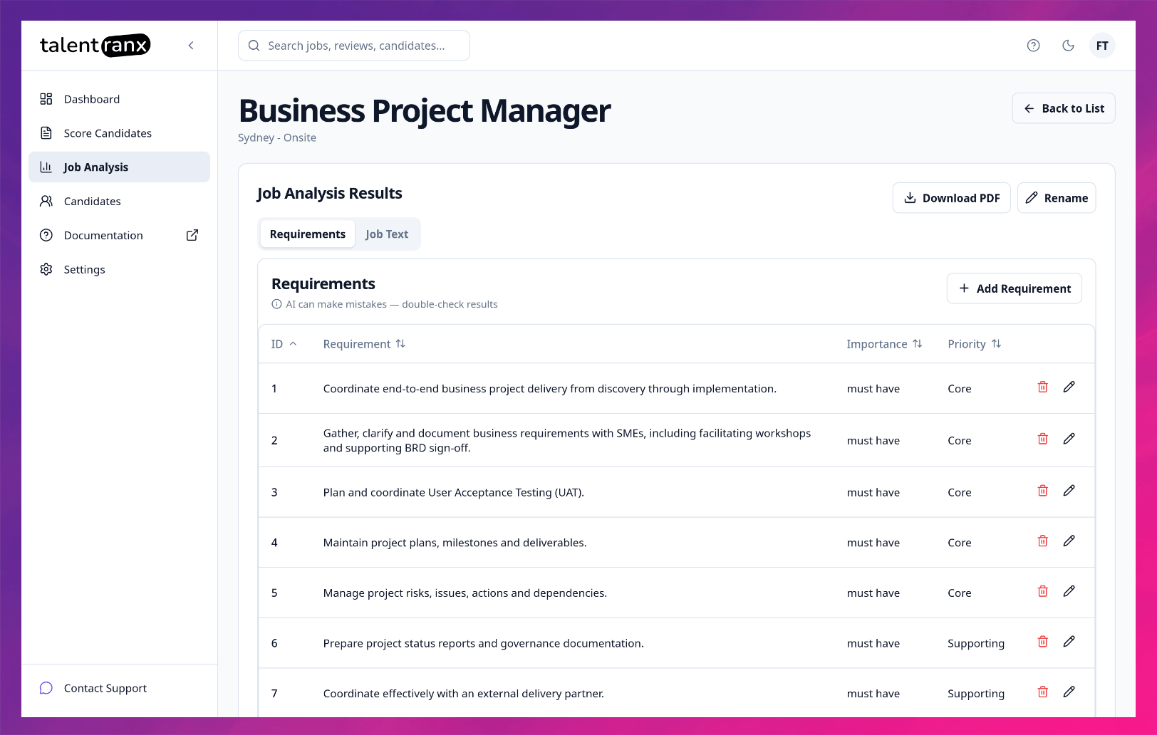 New job analysis results page